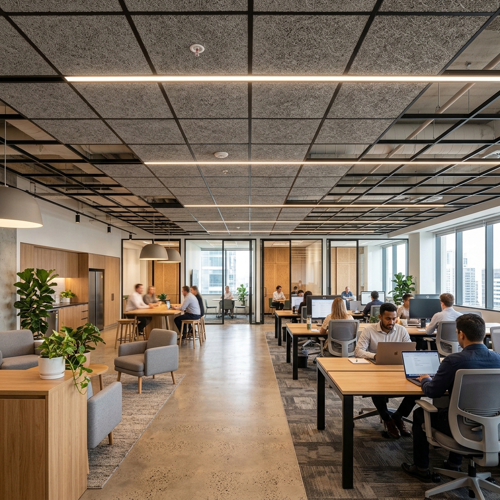 Wood Wool Acoustic Tiles installed in a modern office space